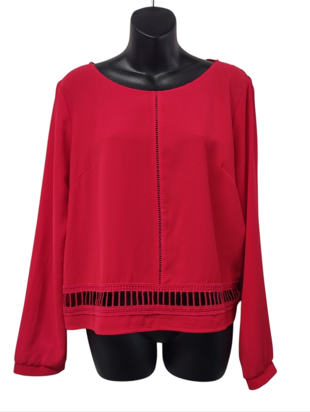 Lush Womens Red Lattice Crochet Inset Blouse Sz L Long Sleeve Open Keyhole Back
